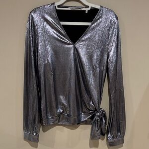 Anthropologie Metallic Silver Wrap-Style Long Sleeve Top